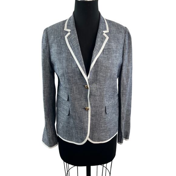 J.Crew Gray White Schoolboy Blazer Tipped Linen Notch Lapel Single Breasted Sz 4 - Picture 1 of 10